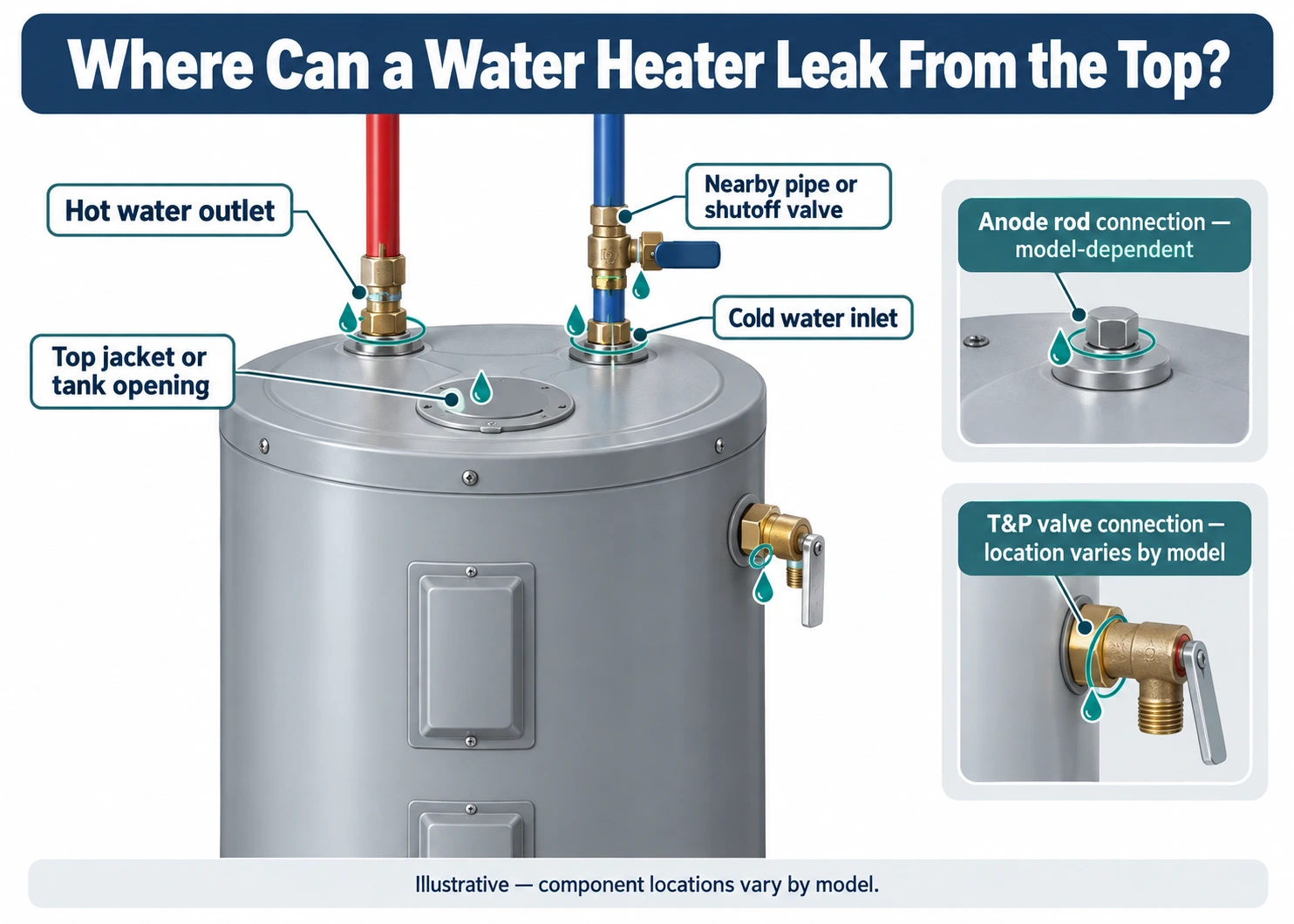 Illustrative top-of-tank water heater diagram identifying possible inlet, outlet, piping, anode-port and relief-valve leak areas, with a note that locations vary by model