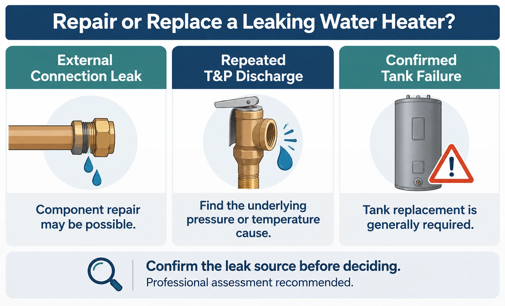 Repair or replace overview contrasting serviceable external plumbing leaks with confirmed storage tank or welded connection failure
