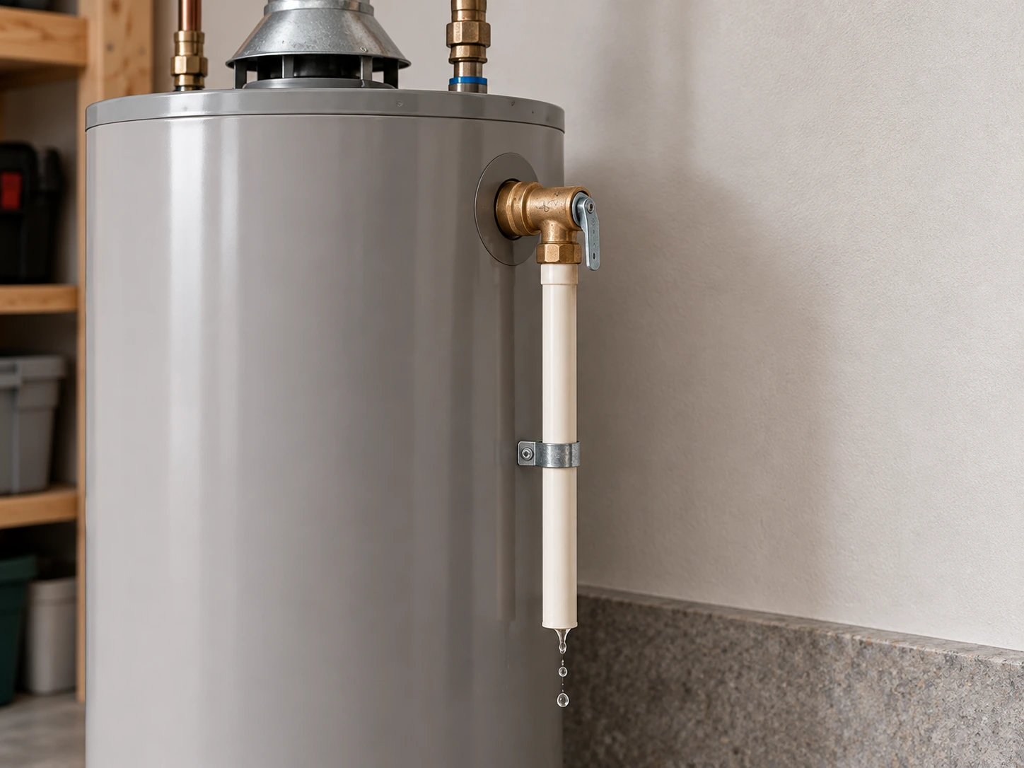 Water heater T and P relief valve with a downward discharge pipe