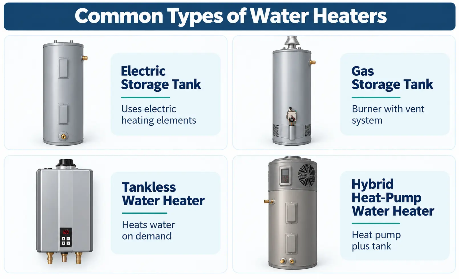 Conceptual comparison of electric tank, gas tank, tankless, and hybrid heat-pump water heaters.